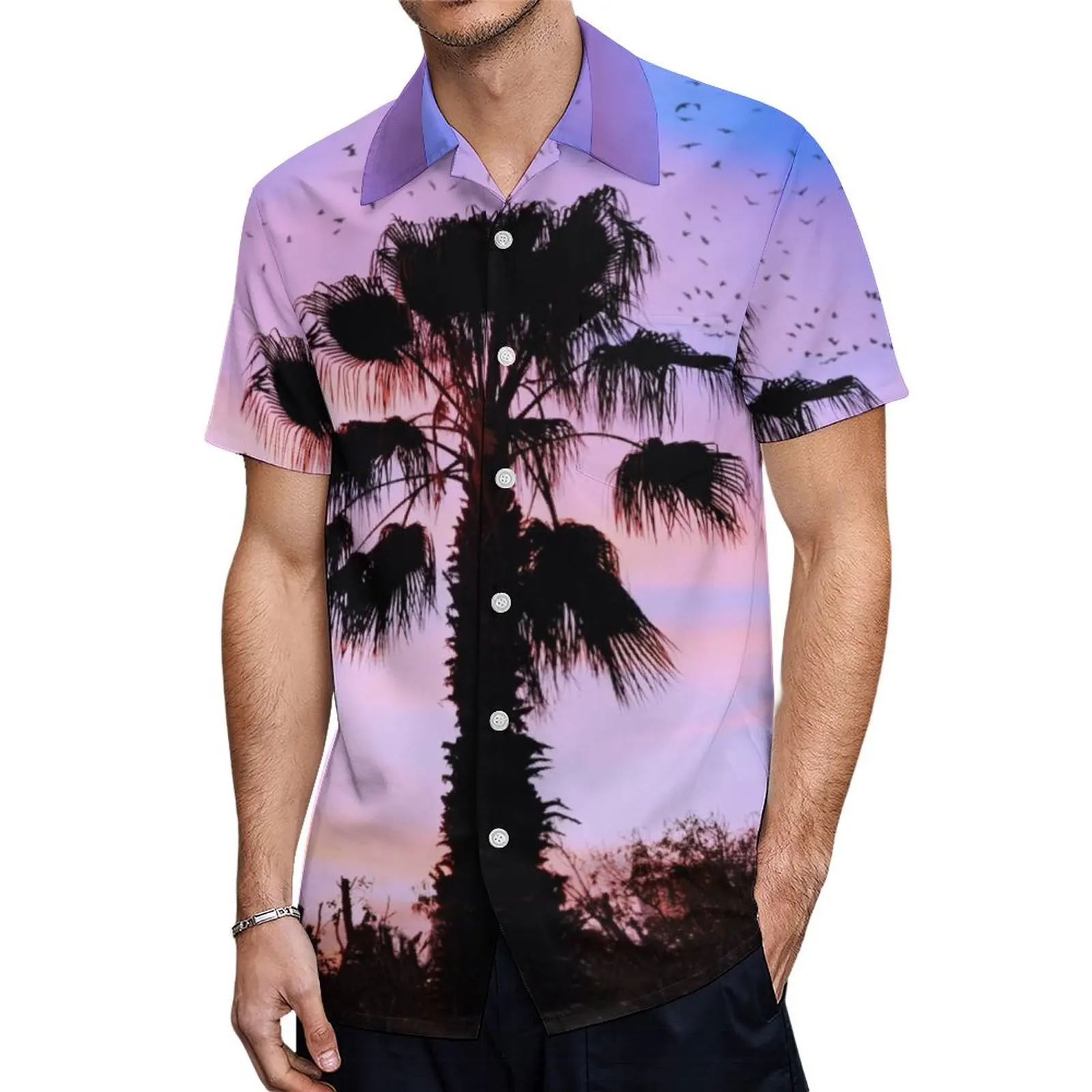 Мужская рубашка с принтом кокосовой пальмы коротким рукавом на пуговицах лацканами для летнего курортного отдыха в гавайском стиле