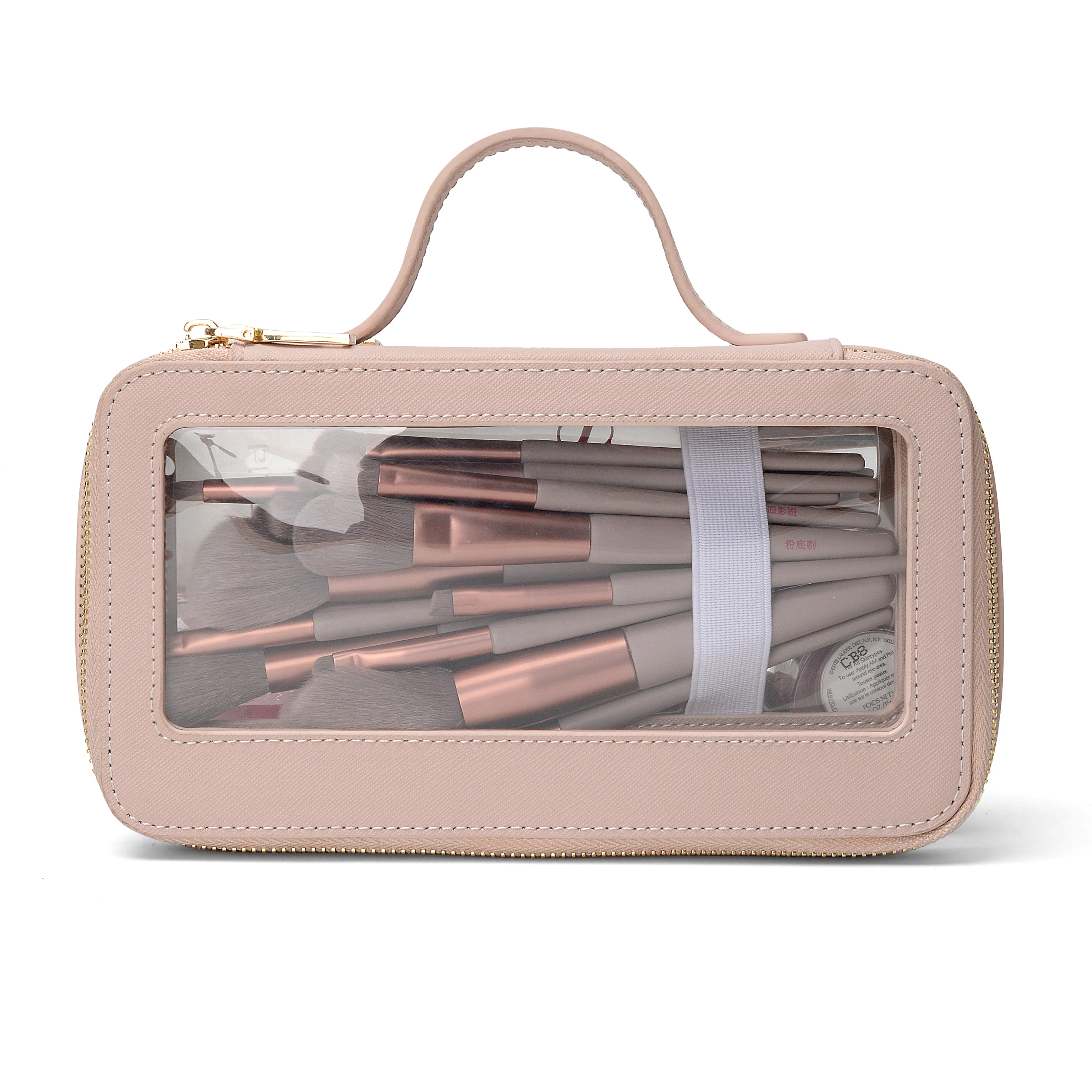 Double layered long bread shape leather makeup bag clear pouch waterproof zipper  bathroom handheld  cosmetic bags & cases