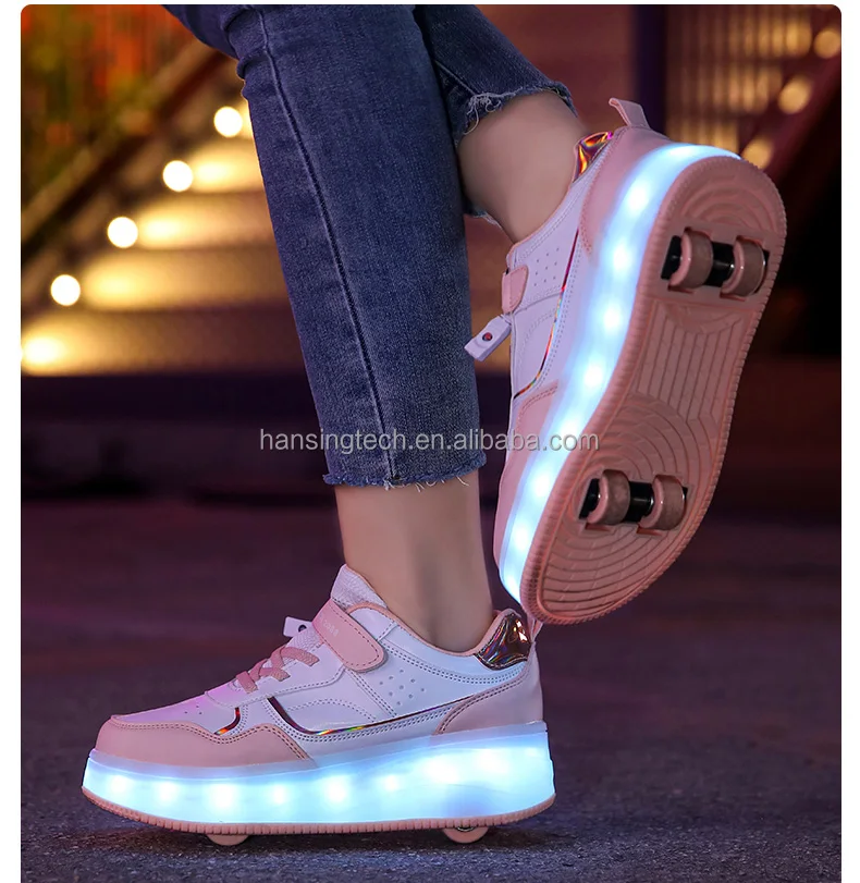 Kids Fashion Sports Skate Shoes, Deformation Flashing Roller Skates, 2 in 1 Wheel Removable Pulley Parkour Walking Shoes.