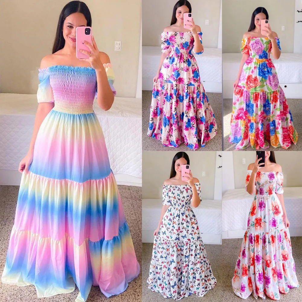 Floral fashion off the shoulder long printed pleated short sleeve maxi dress