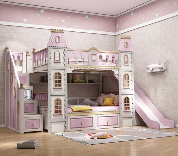 SXC-23 Modern Kids Castle House Bed Slide Wooden Castle Blue Bunk Bed With Theater Toddler Jungle Gym Wooden Slide