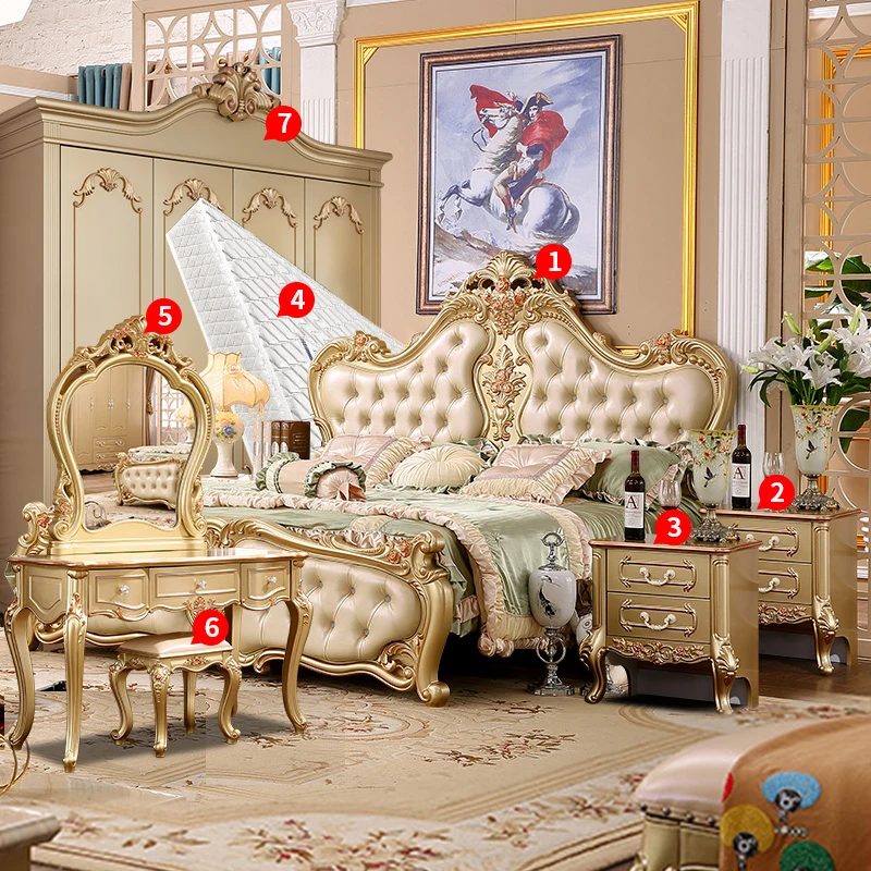 bed room furniture double bed European style wardrobe bedside table luxury Royal bedroom sets