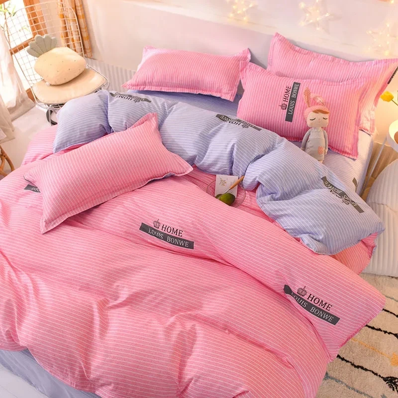 Lovely Double Side Solid Color Flat Fitted Comfort Bed Sheet Pillowcase Comforter Teenage Duvet Set