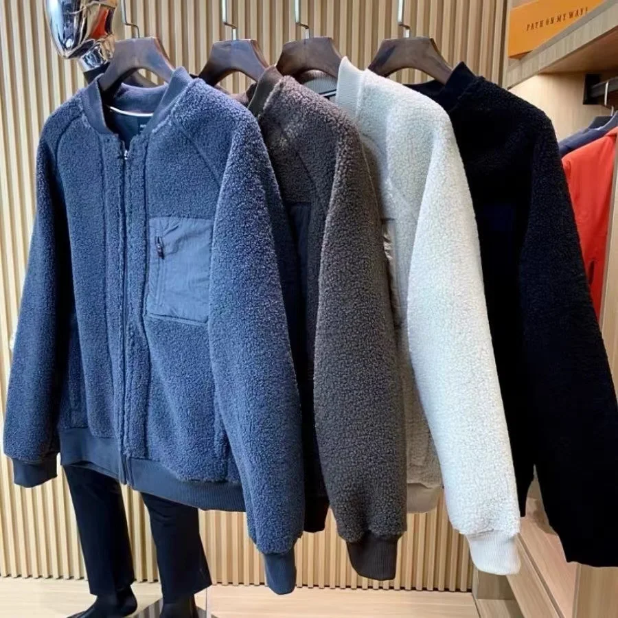 Customized   Vintage Lamb Wool Coat Loose Stand Collar Multi Pockets Cashmere Jacket