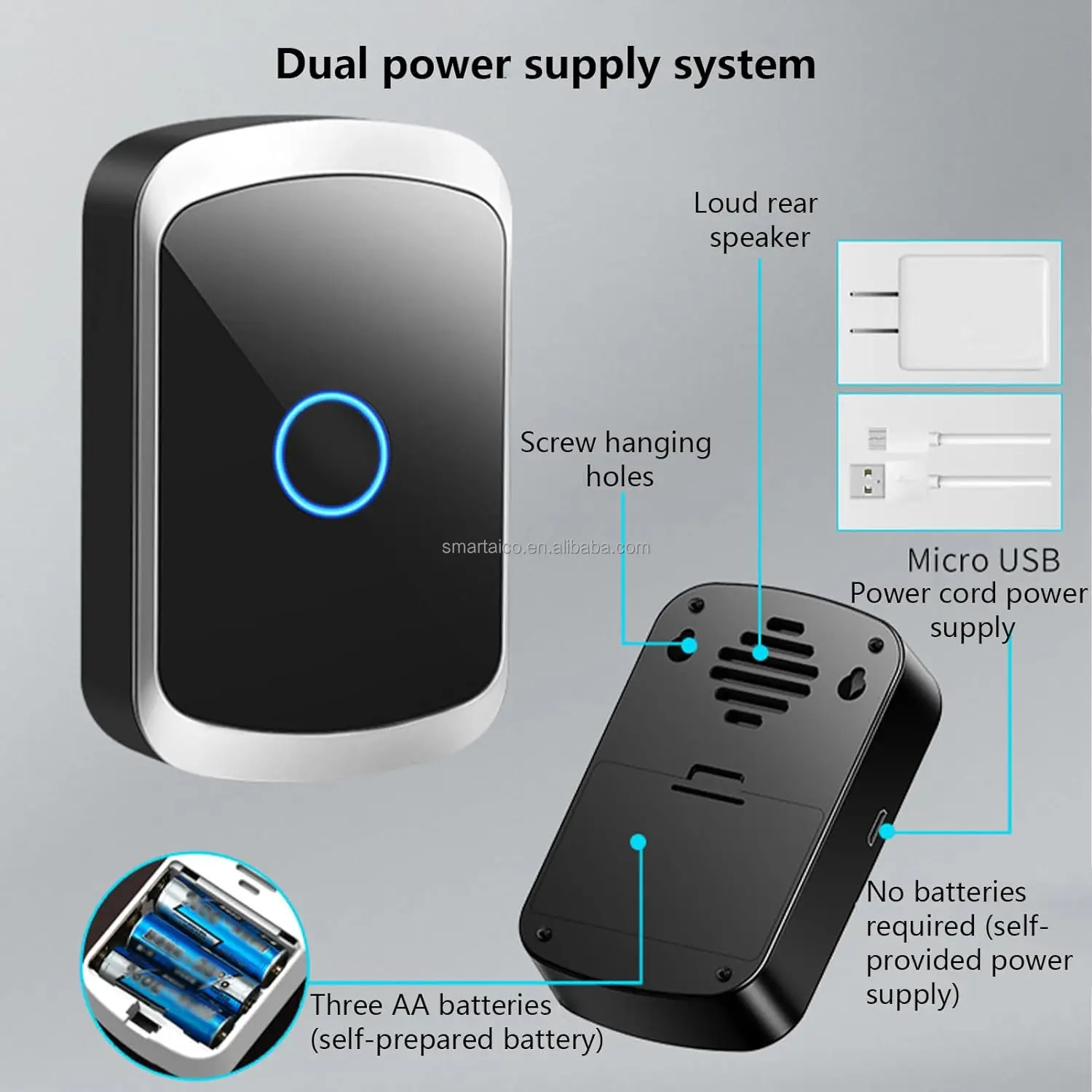 1T2  5 Adjustable Volumes 60 Ringtones 300M Range IP44 Waterproof Wireless Outdoor Doorbell with 2 Indoor Receiver