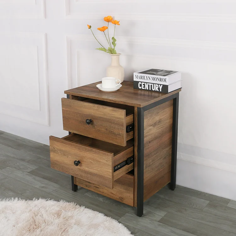 Mid-Century Industrial Design Durable Ready to Assemble Wooden Side End Table 3 Drawers Wheel Legs Nightstand Bedside Table