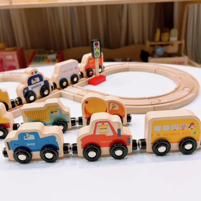 Montessori Educational Cartoon Magnetic Wooden Train Toys Magnetic  Wooden Trains Cars set Play set for Kids Toddlers