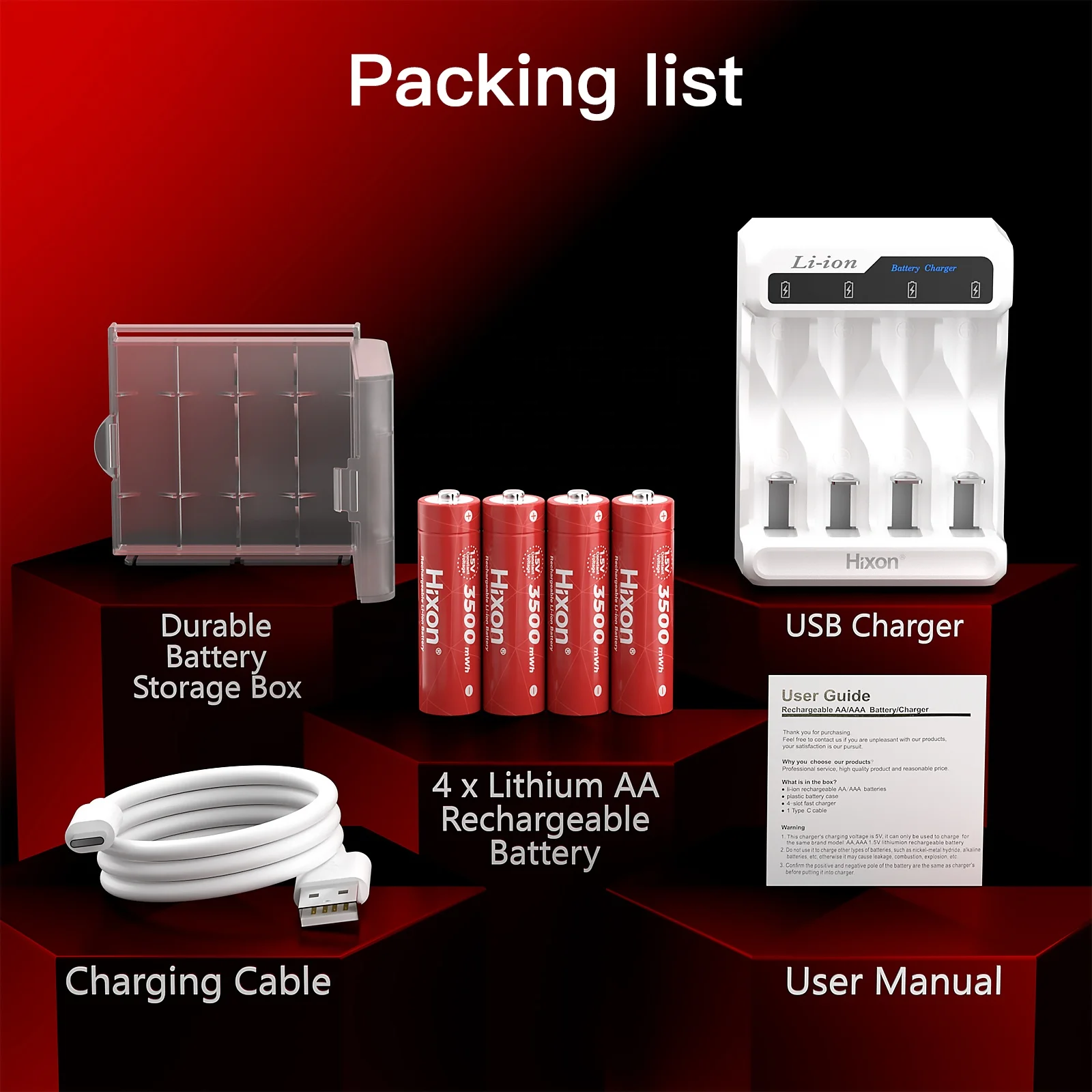 Quick-charging 1.5V AA lithium-ion batteries 3500mWh long cycle life 4PCS batteries and charger kit