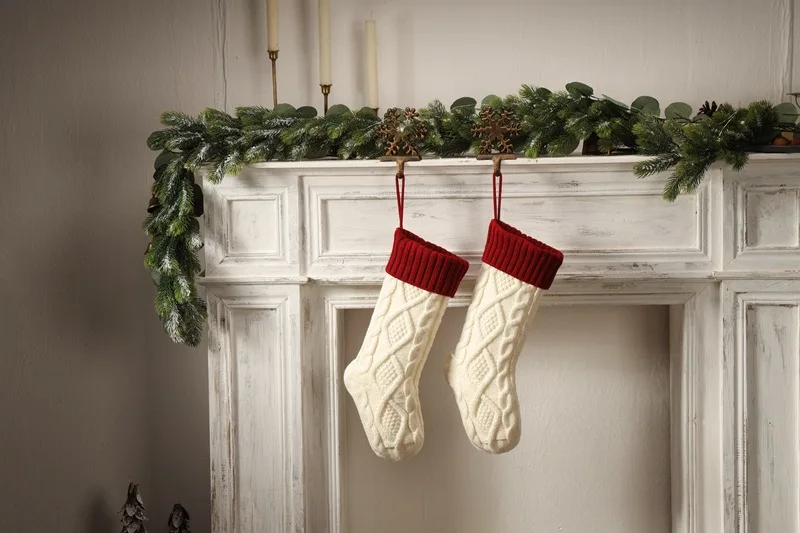 Knitted Wool Hanging Bag Upgraded Double-Sided Diamond Colour-Blocked Chunky Knit Christmas Stockings