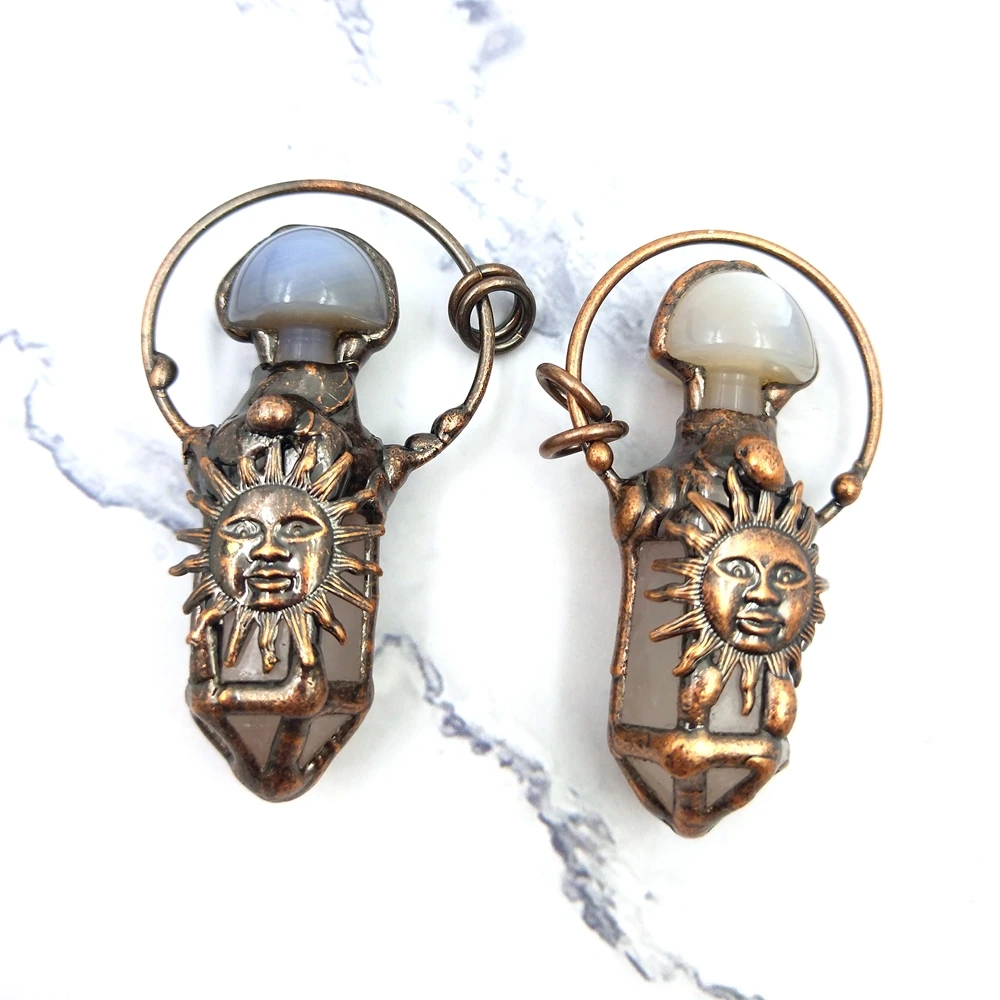 Wholesale Natural Crystal Bullet Point Shape  Pendant Pink Rose Quartz Connector Bronze Sun Charms DIY Winter Season Necklace