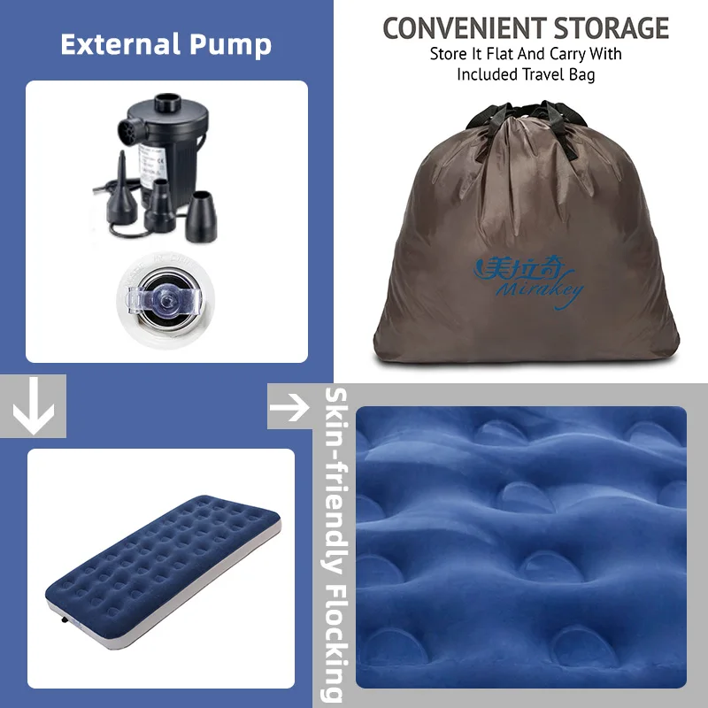 Mirakey Customized Foldable Skin Friendly Flocking Fast Inflating and Deflating Single Inflatable Air Bed Mattress for Camping