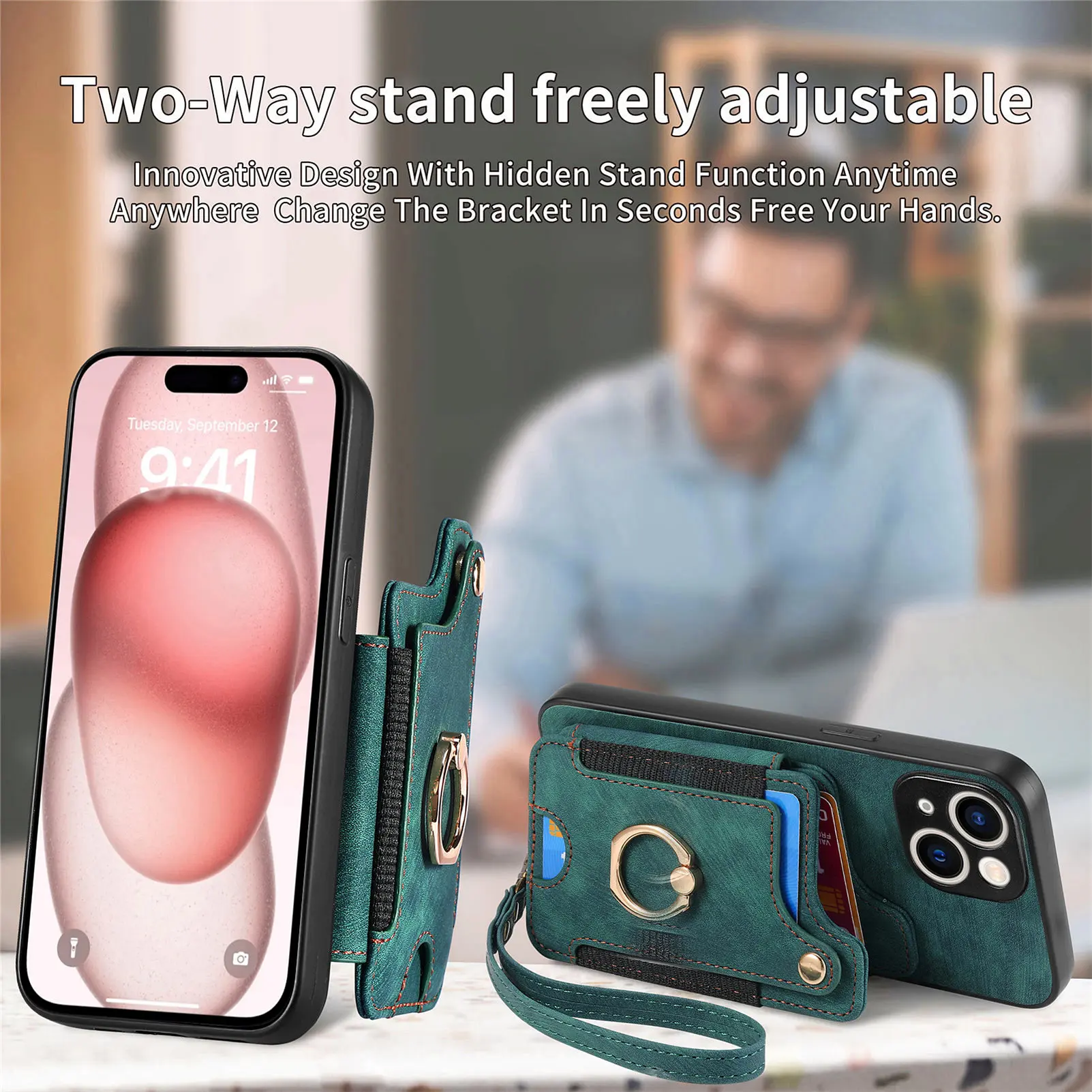 RFID anti-theft brush ring buckle lanyard card holder Multi-function mobile phone stand leather case model is optional
