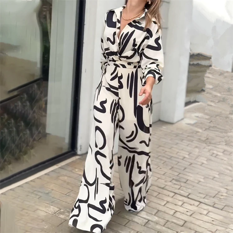 Latest fashion one piece women fall clothing 2024 trendy printed long sleeve wide leg jumpsuit women casual loose romper