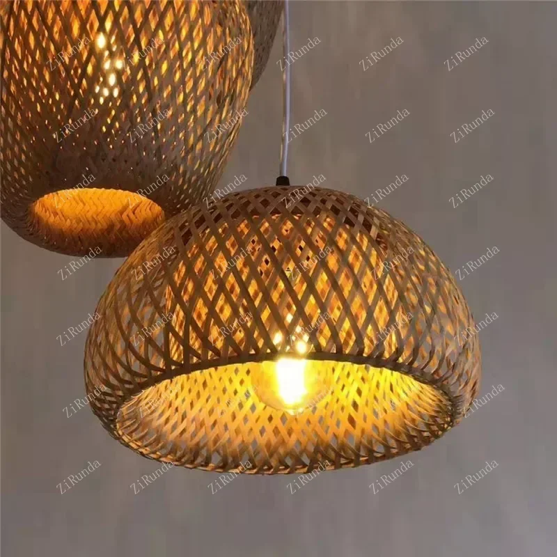 With LED Bulb Rattan Wicker Wood Pendant Light Ceiling Lustre Chandelier Hanglamp Hand Craft Home Living Bed Room Decor