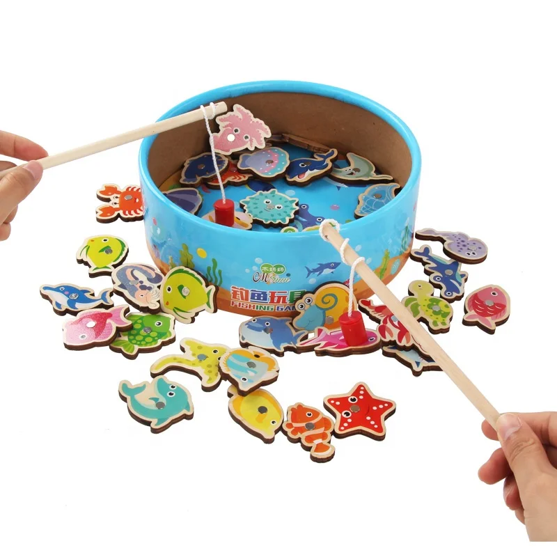 Best Selling 41Pcs Wooden Magnetic Fishing Game Toys New Design Children Marine Fish Cognition Educational Toys