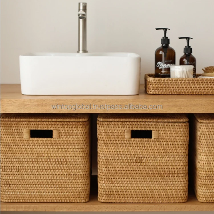 Customized Handicrafts Square Fold Pantry Natural Rattan Storage Basket with Handles for Home and Hotel Use