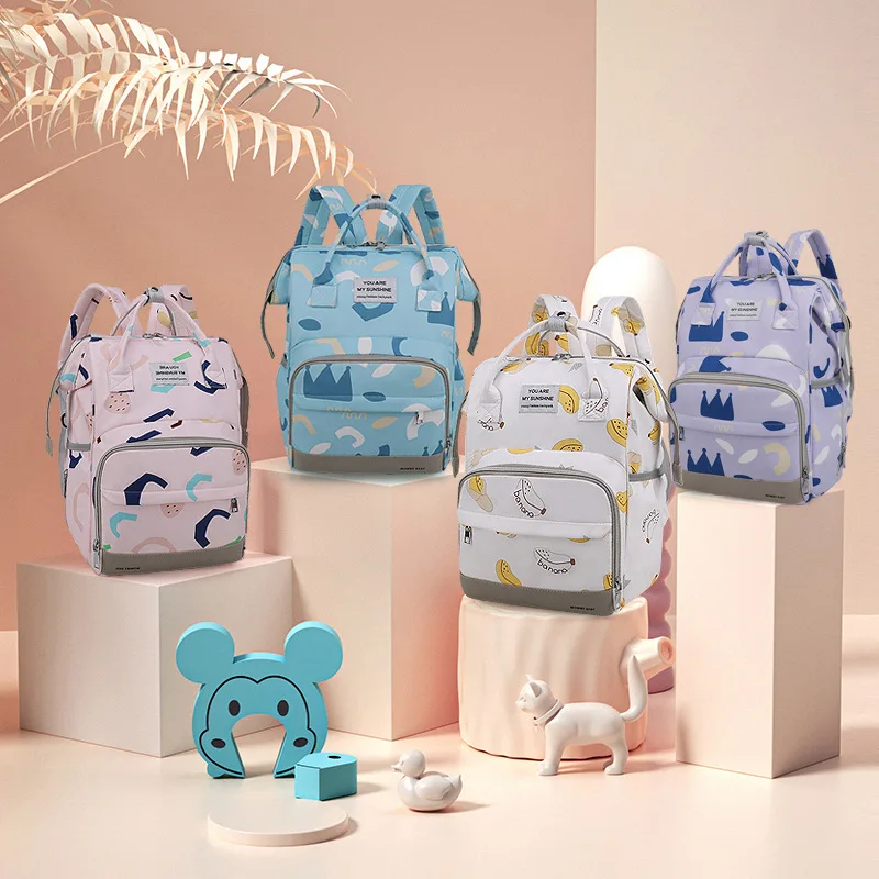 Cute Mummy Diaper Bag Backpack Large Capacity Baby Diaper Nappy Tote Bags with Banana royal crown Pattern for mom and baby