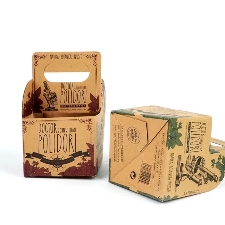 Customized Cardboard Kraft Holder 4 6 Pack Bottle Wine Carrier Box Corrugated Carton Six Packing Beer paper Box with handle