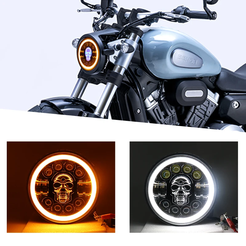  High Quality Skull Design Waterproof RGB Angel Eyes Projector Round 7 inch LED Headlight for Harly Davidson