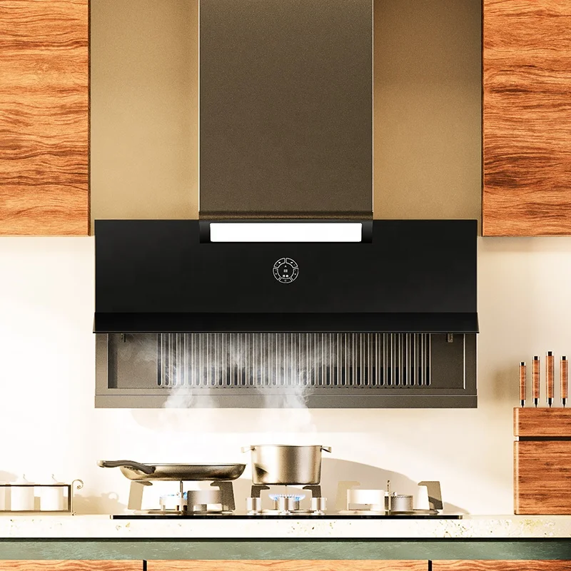 European Style Tempered Black Glass Slanted Wall Mounted Kitchen Exhaust Hood Extractor