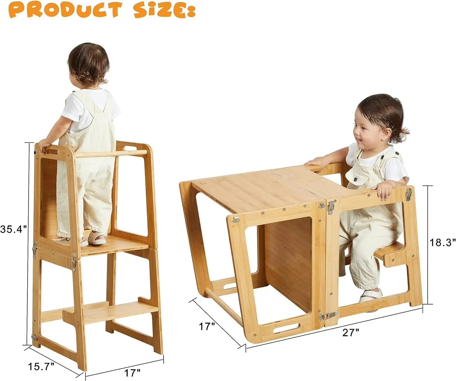 4-in-1 Bamboo Kitchen Learning Helper Stool Ottoman with Chalkboard Desk Table Standing Tower for Toddlers Kids