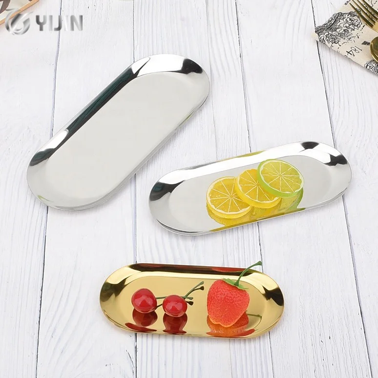 Wholesale metal small serving tray jewelry dessert steak fruit food dinner dishes stainless steel oval plate