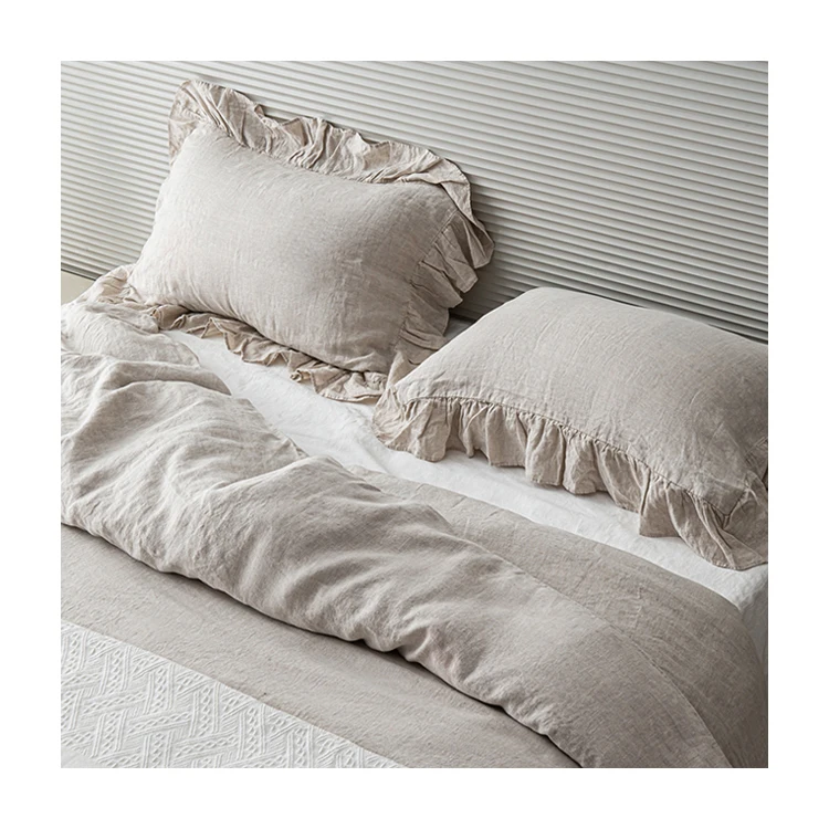 LZ  flax linen bed set stonewashed 100% linen pillow cases duvet cover white ruffled french linen bedding