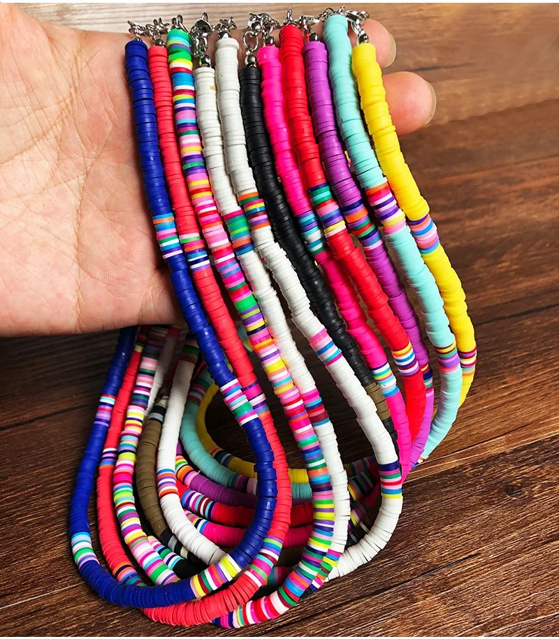 Boho 6mm wide Polymer Clay  Necklace Colorful African Vinyl Disc Beads Necklace Summer Beach  Necklaces for Women Girls