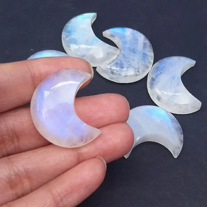 Natural Rainbow Moonstone Moon Shape Smooth Cabochon Loose Gemstone