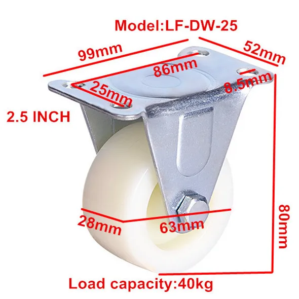 40/50/63/75mm PP/Nylon white  fixed fat wheel casters  light duty , richmond rollers casters