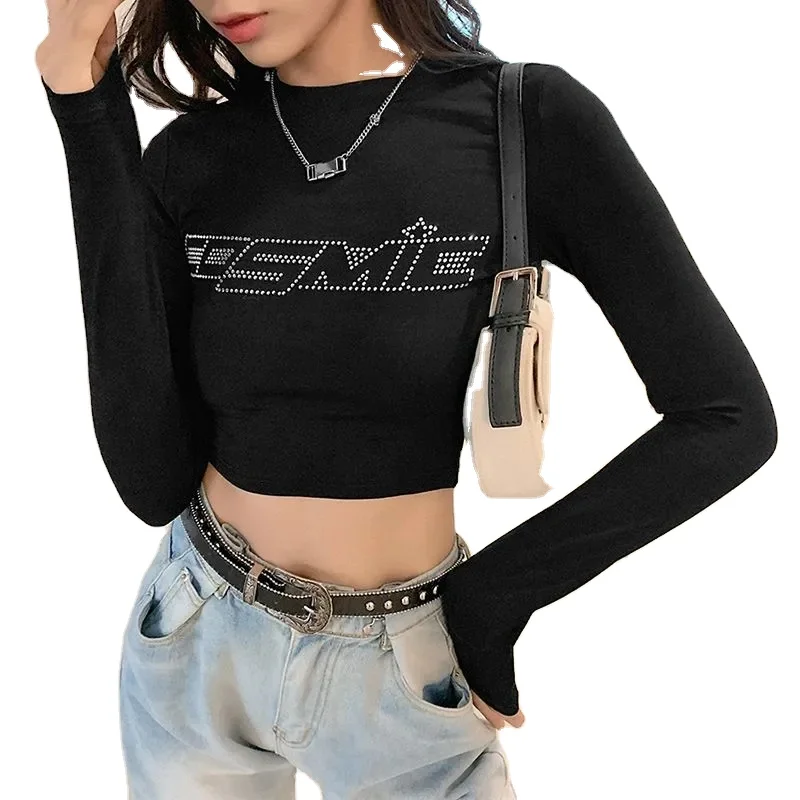 Wholesale Custom Logo Bling Fashion Long sleeve Vintage Women Rhinestone Crop Top T-Shirt