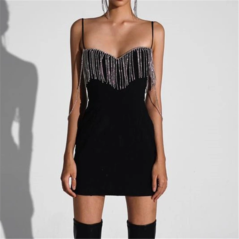 HL fashion OEM manufacturer designer summer rhinestones bodycon dress women wholesale Y2K black mini custom tassel dress