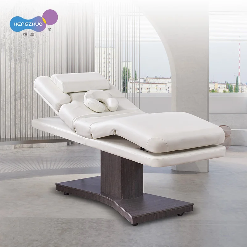 Modern Electric Adjustable Spa Bed Massage Table for Beauty Salon Tattoo Chair Wooden Base Furniture with 3 Detachable Pillows