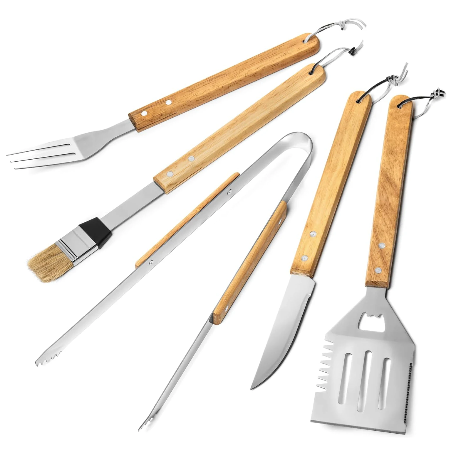 6 PCS Wood Handle Barbecue Grilling Tools Set BBQ Spatula Fork Tongs Brush Knife Accessories Portable Bamboo Carrying Box Case