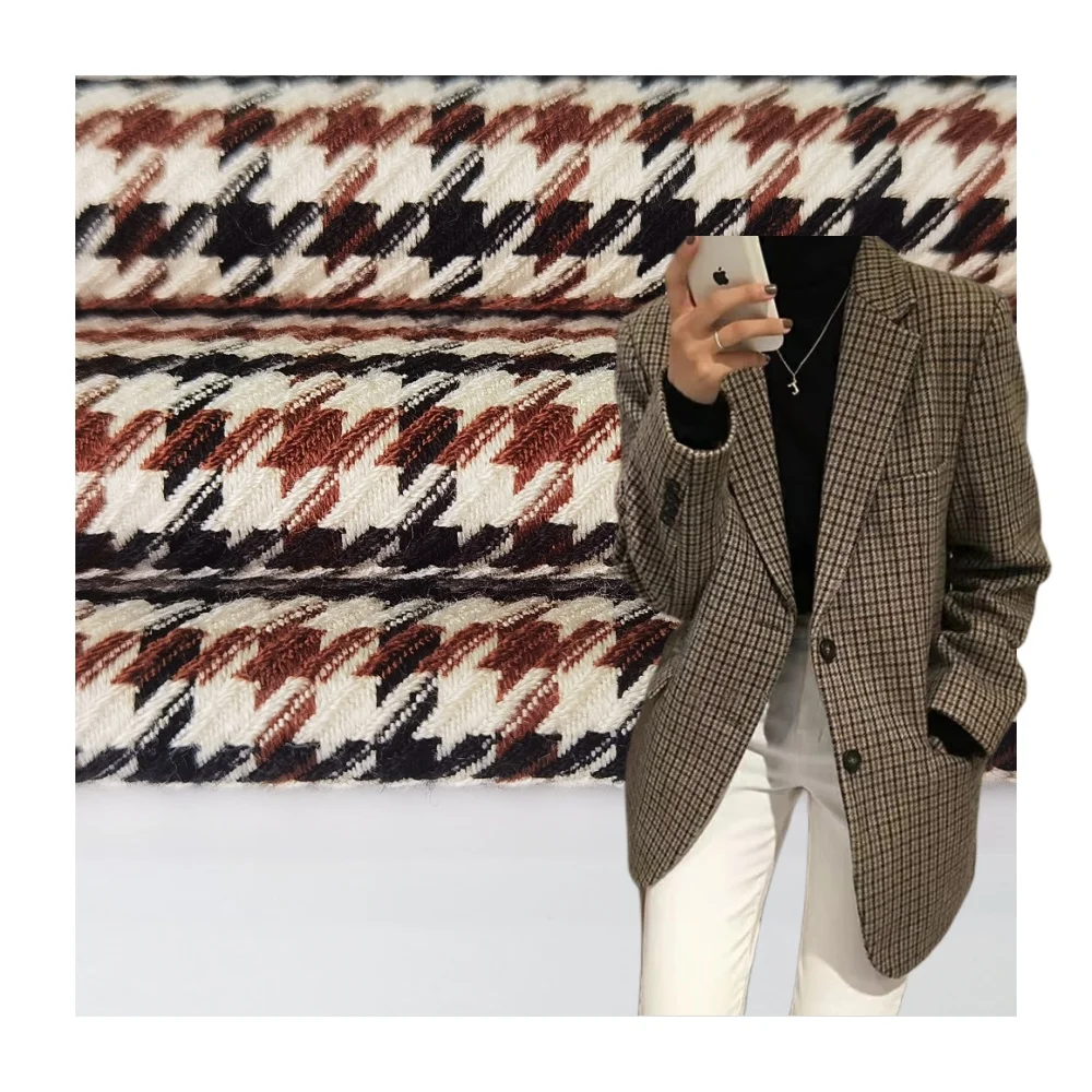 Customized suit fabric yarn dyed tweed style polyester rayon spandex houndstooth tr check plaid fabric