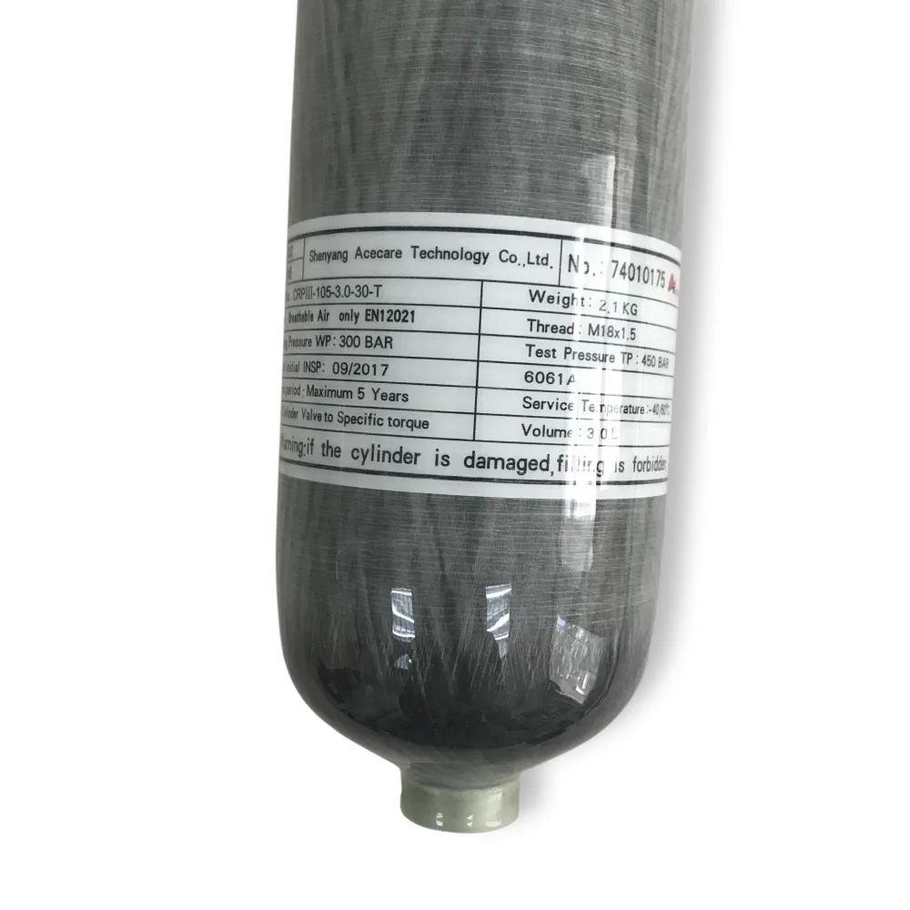 Acecare 3L High Pressure 4500psi 300bar Carbon Fiber Cylinder for Paintball Game and EEBD SCBA SCUBA CCR