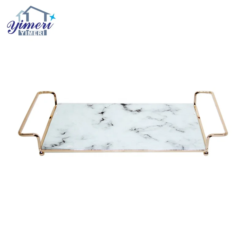 
custom oem odm marble pattern rectangular gold and glass tray for table decoration 