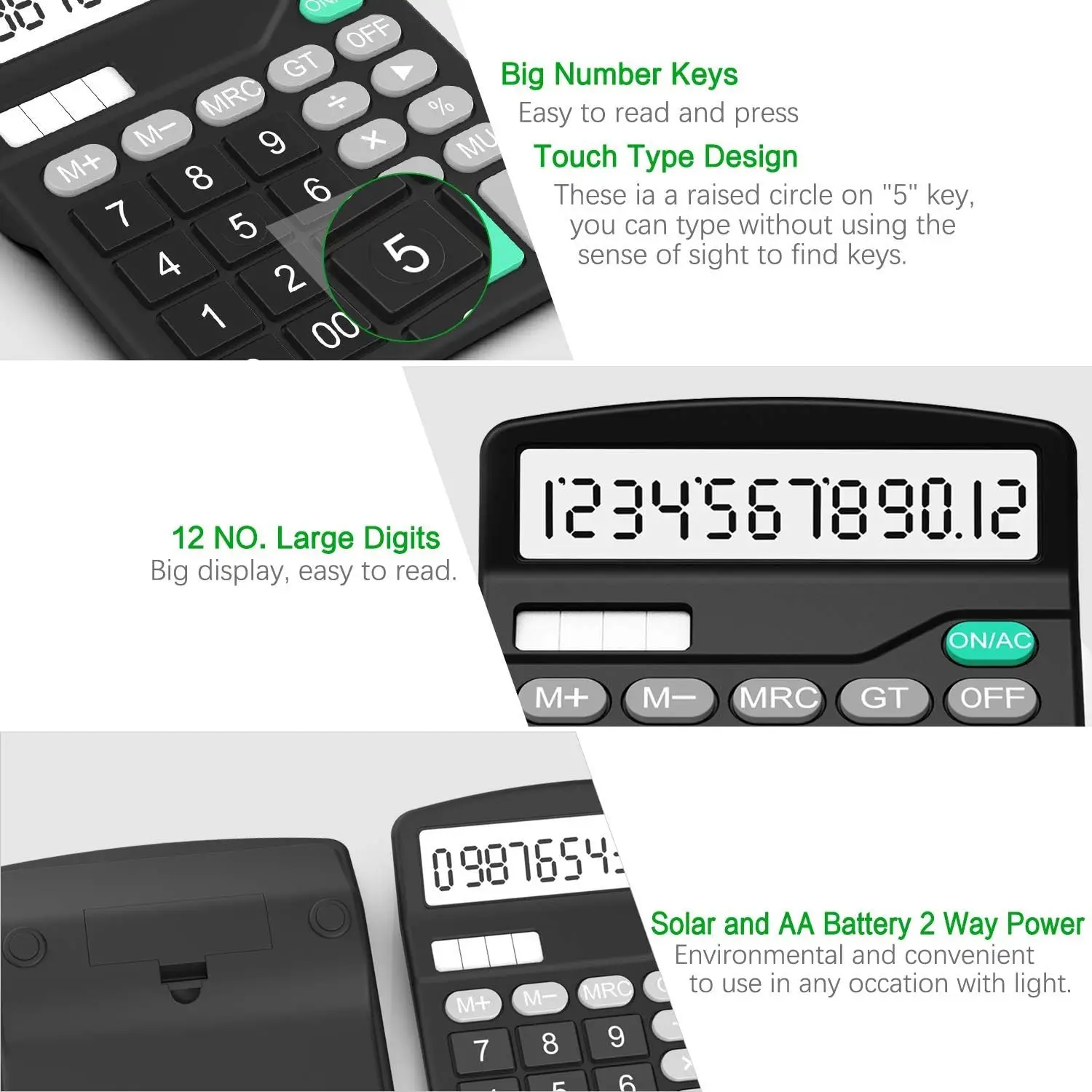 Standard Functional Desktop Calculators Solar and AA Battery Dual Power Electronic Office Calculators with 12-Digit Display