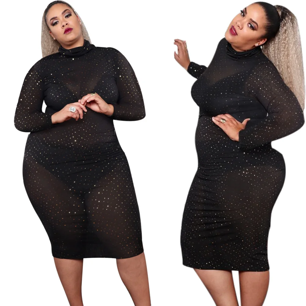 PSD2034 Women Clothing Manufacturer Plus Size Rhinestones Sexy Women Mesh Black Night Party Club Dress