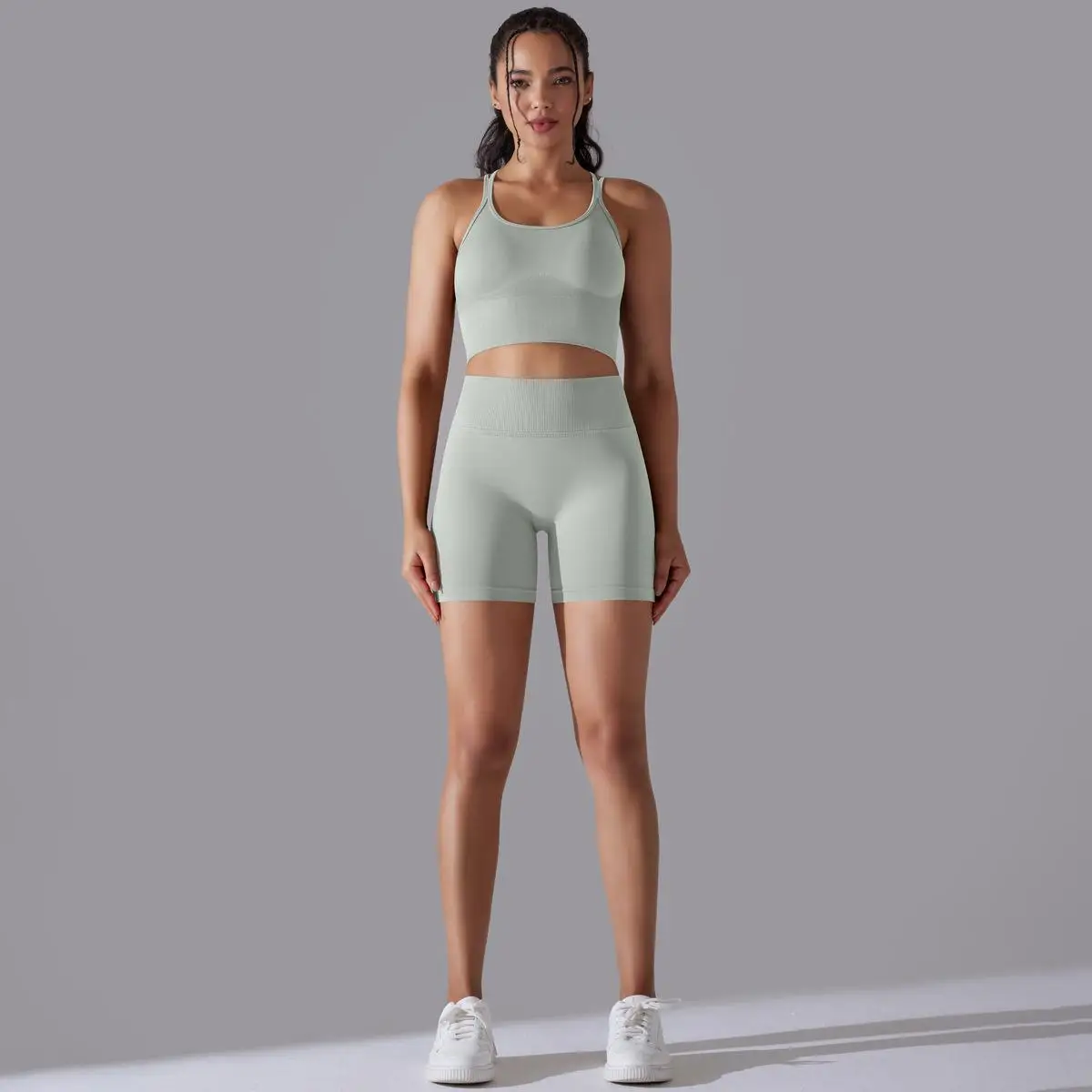 Active Wear Cross Back Bra Scrunch Leggings Biker Shorts Fitness Sports Suits Women Seamless Gym Set