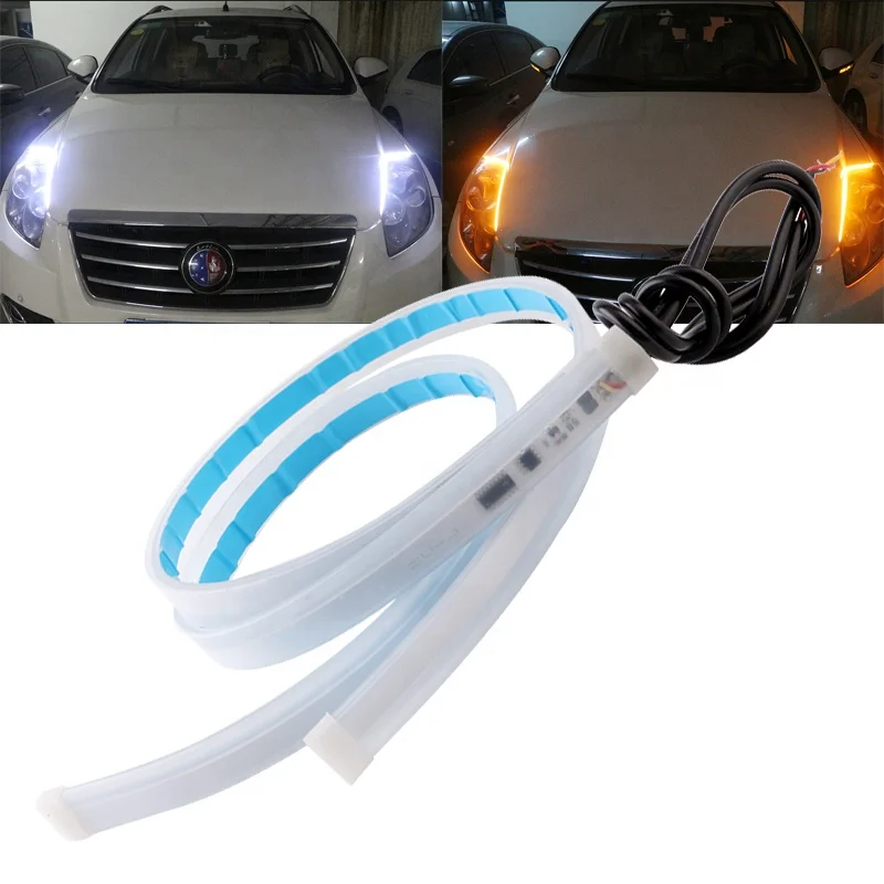 
30cm 45cm 60cm Slim Flexible 2835 Led DRL Strip For Car Headlight White Amber Turn Signal Light Dual Color Sequential Function 