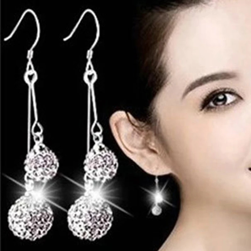 6MM/8MM Size Long Pendant Shambhala Rhinestones Ball Earring Silver Plated Shambhala Drop Earrings For Women