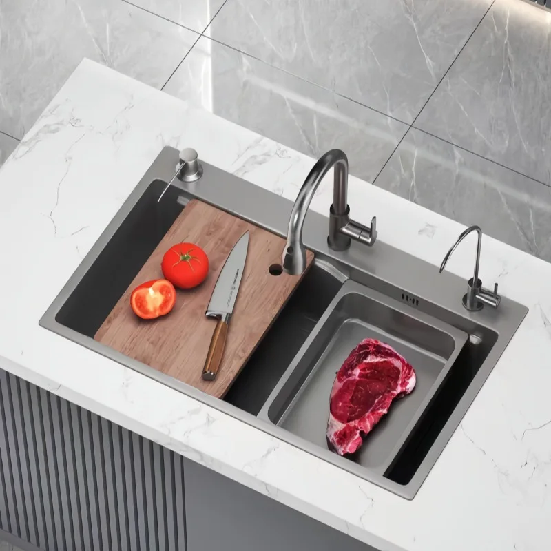 Nano black kitchen sink large single tank antibacterial thickened 304 stainless steel single tank sink