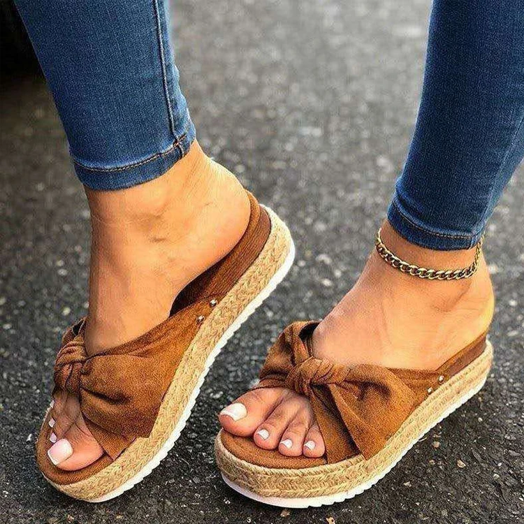 Wholesale 2024 Women Bow Sandals Beach Canvas Hemp Outsole Platform Slippers
