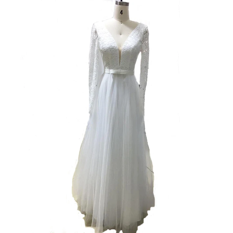 Wholesale modern style tulle v neck long sleeve wedding dress lace white evening dress