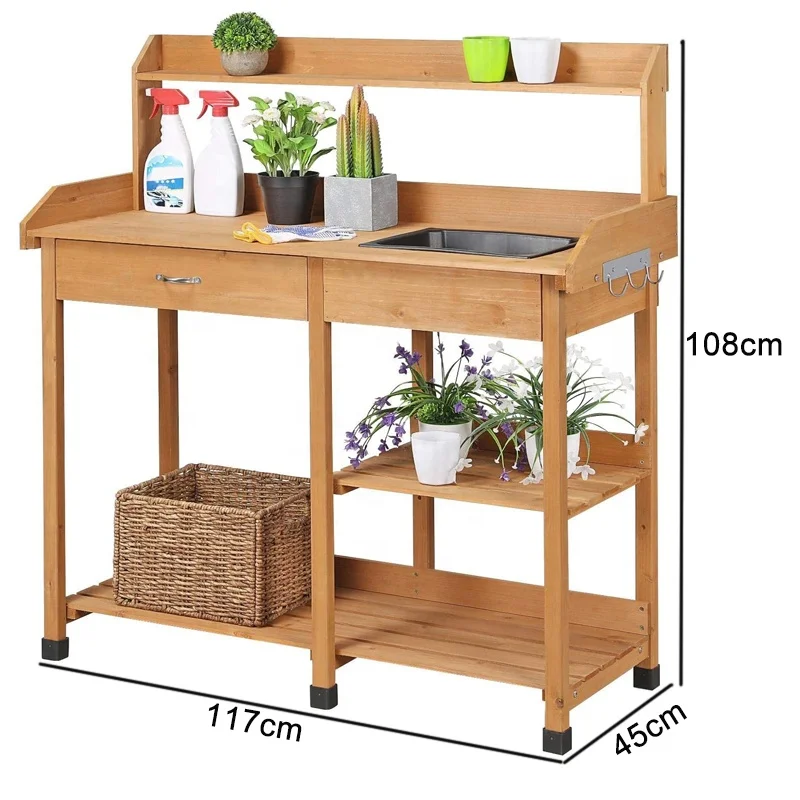 Jaalex Easy Assembly Outdoor Solid Wood Garden Potting Bench Garden Table With Sink And Drawer