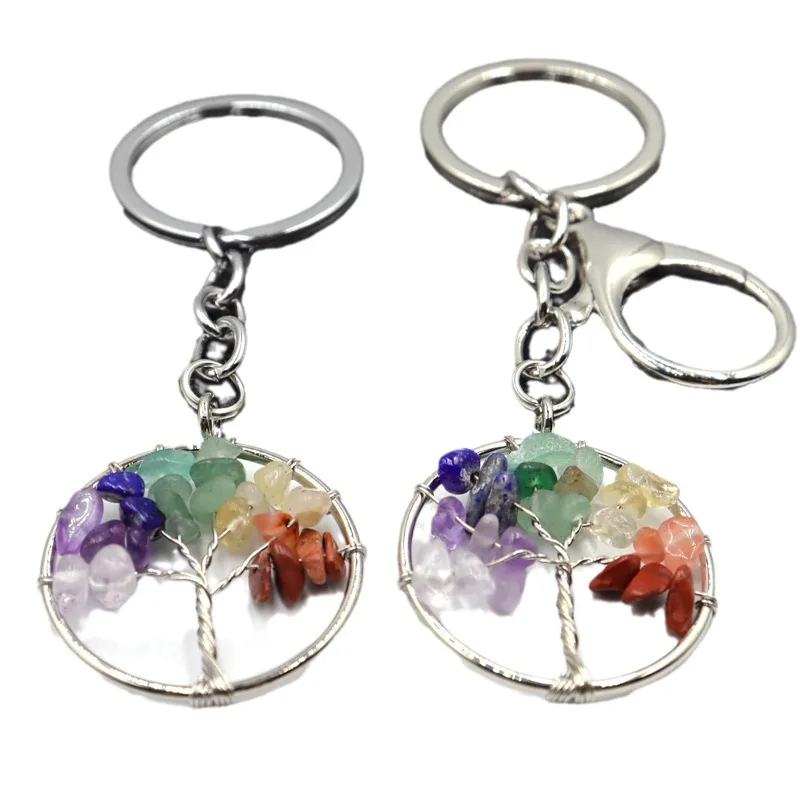 Natural Healing 7 Chakra Stone Gemstone Tree Of Life Keychain Key Ring Key Holder Charm For Women