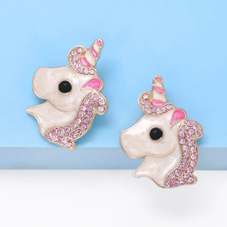 2023 New arrivals cute cartoon pink diamond unicorn stud earrings for lady girls kids