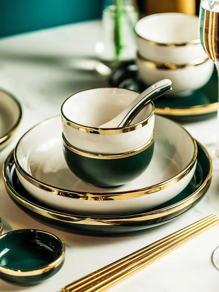 Europe style classic green and white dinner plate luxury golden rim bowl dish dinnerware set tableware