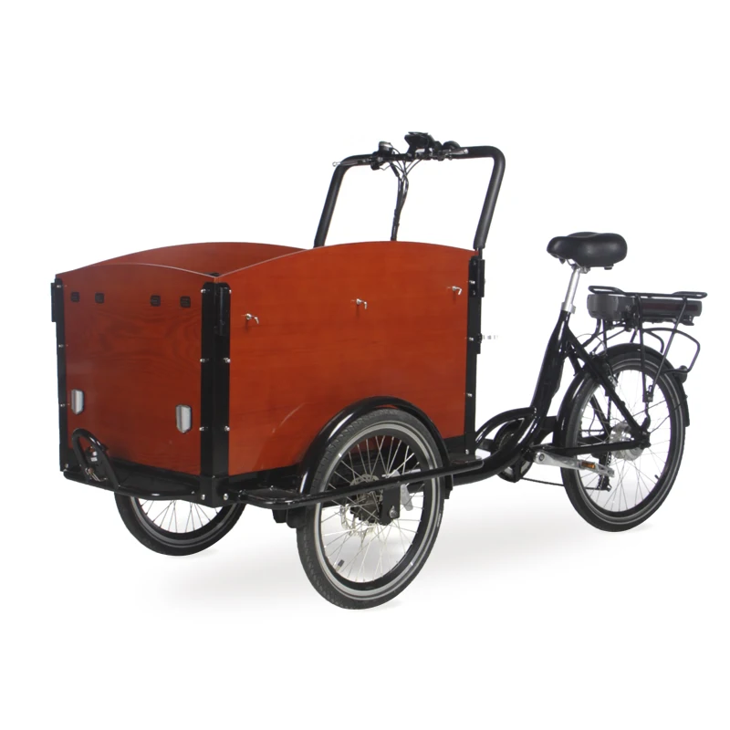 3 Wheels Electric Front Loading Dutch Cargo Bikes With wooden Box Bicycle Three Wheels Family Bikes Transport Kids